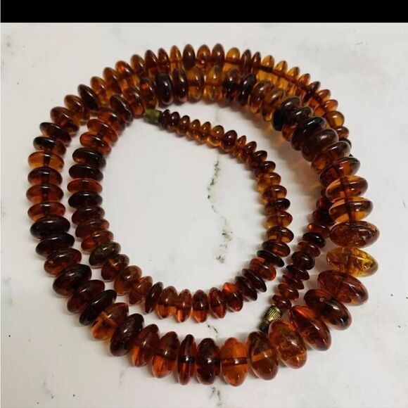 Vtg Carved Natural Baltic  Amber Graduated Disc Bead 38g 24” Necklace Rondelles - Picture 10 of 16